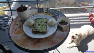 Photo of me on laying on the porch looking up at Joanna's breakfast and a small bowl of pepperoni.